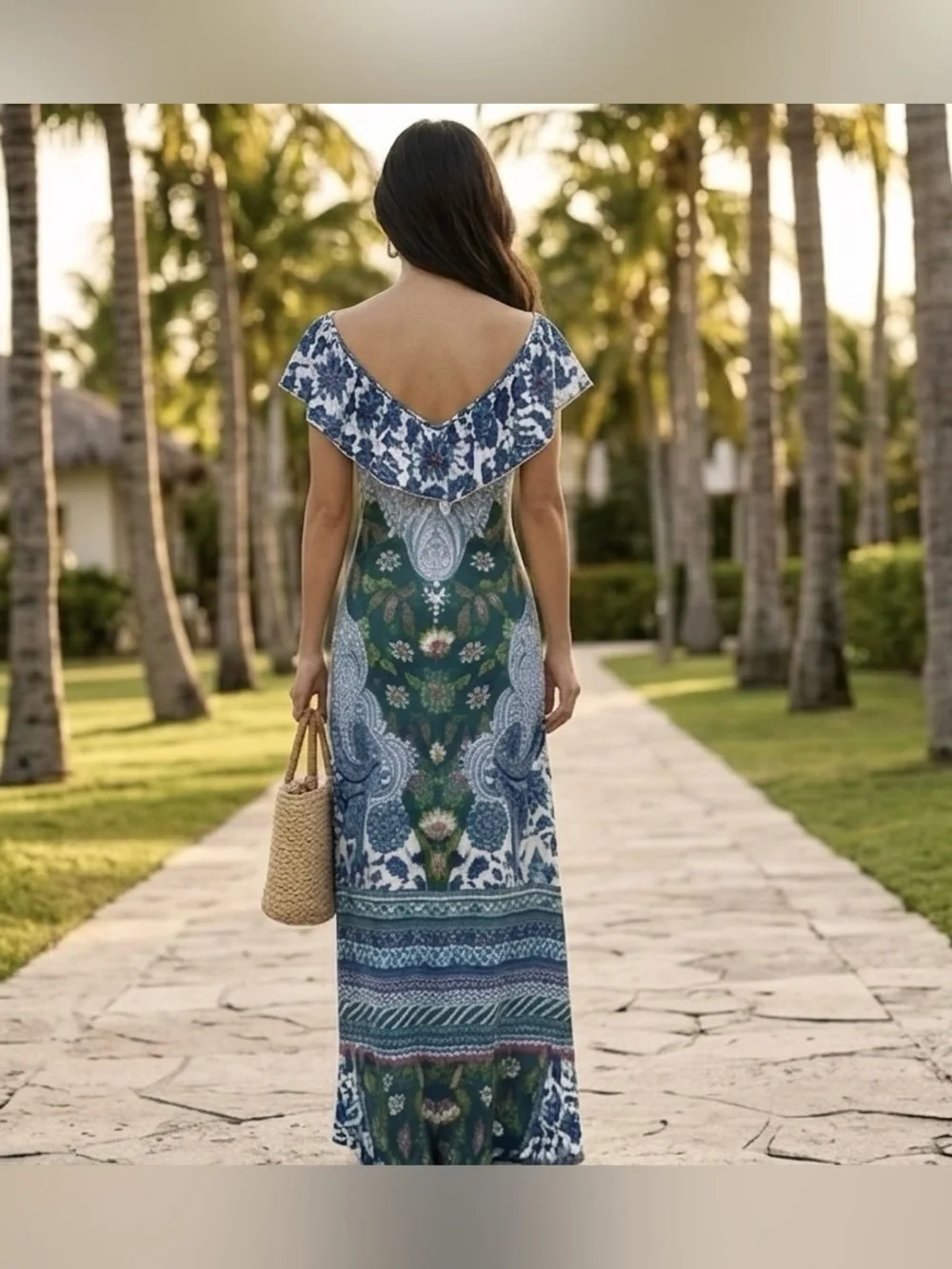 Hale Bob Floral Resort Maxi Dress XS Blue Green Ruffle Neck EUC